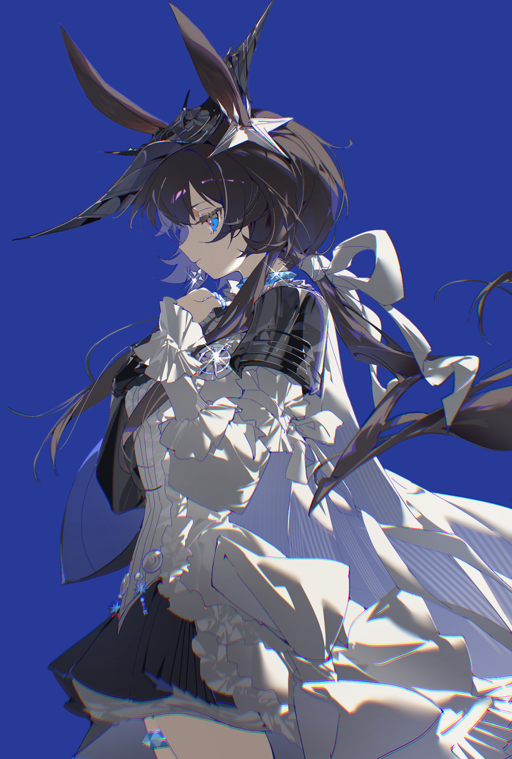 1girl, amiya_(arknights), amiya_(guard)_(arknights), amiya_(guard)_(in_a_myriad_of_universes)_(arknights), animal_ears, arknights, black_skirt, blue_background