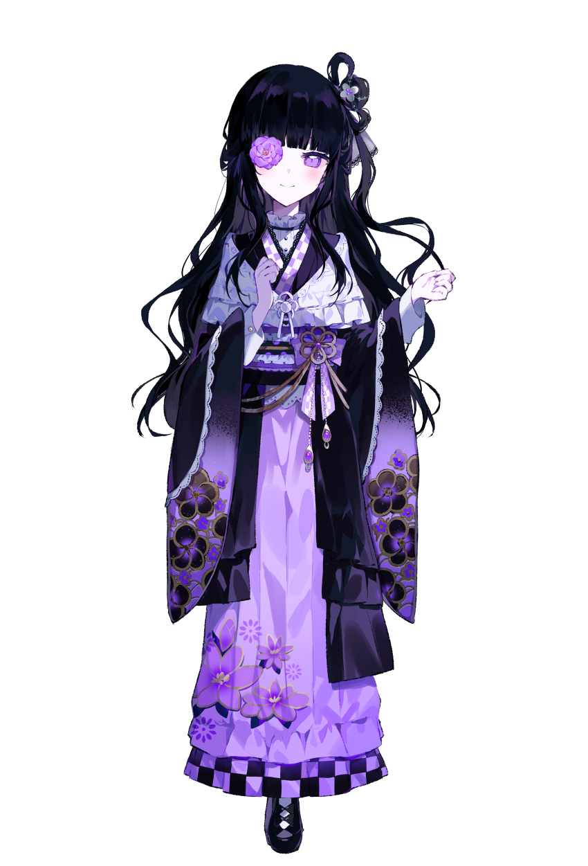 1girl, absurdres, black_hair, black_shoes, black_sleeves, blunt_bangs, closed_mouth, floral_print