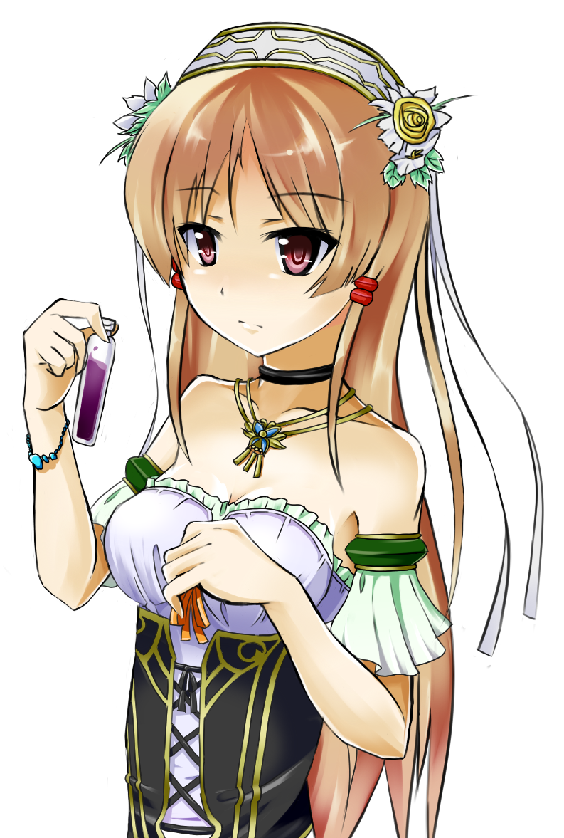 aiyoku_no_eustia, bare_shoulders, bracelet, brown_hair, collar, eris_floraria, flower, jewelry