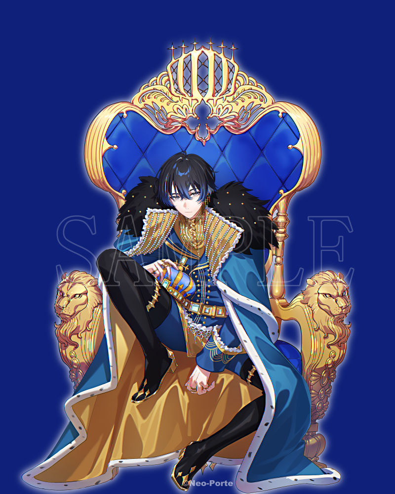 1boy, :/, aogiri_eito, arched_crown, belt, black_boots, black_hair, blue_background