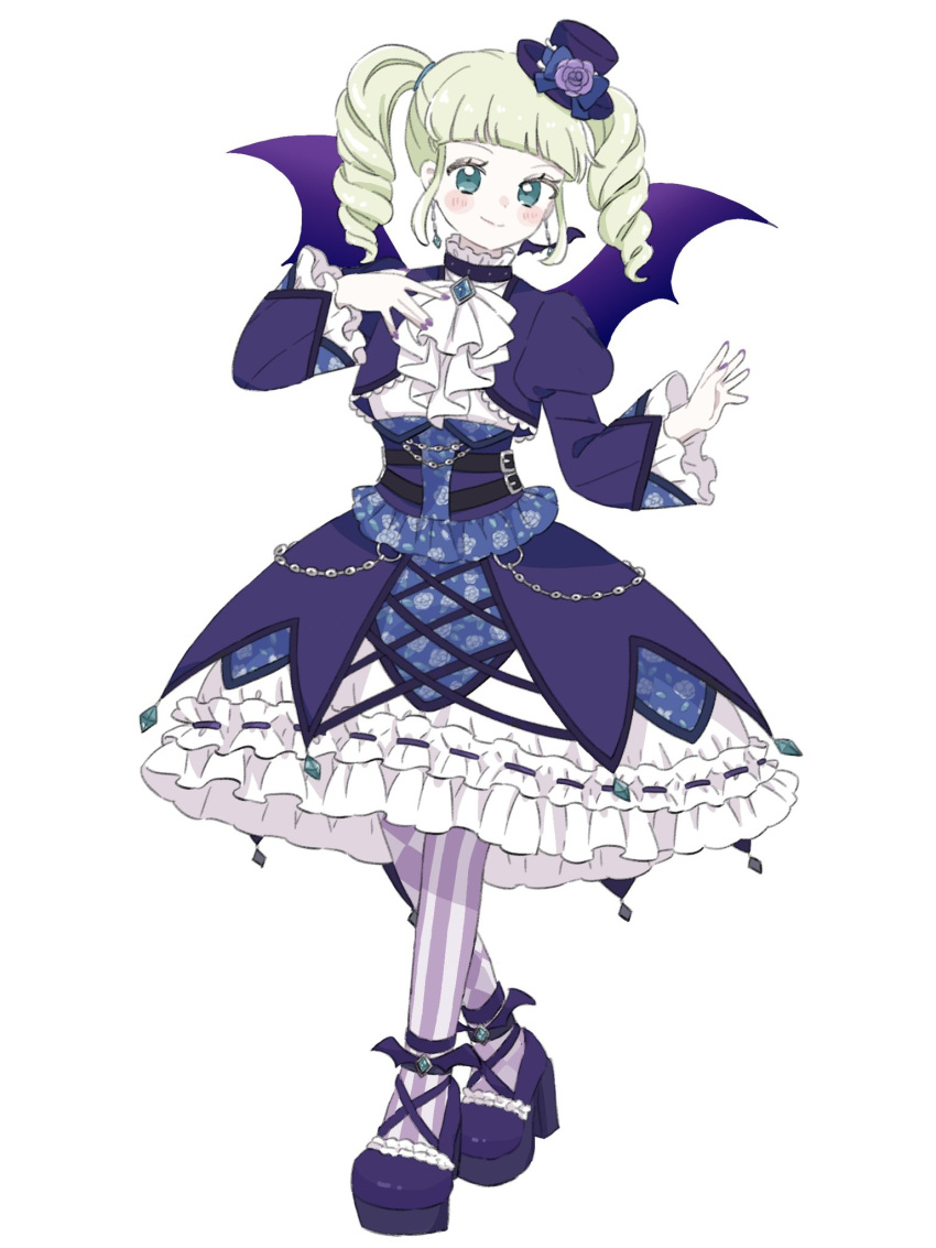 1girl, aikatsu!, aikatsu!_(series), aqua_eyes, ascot, bat_earrings, bat_wings, blonde_hair