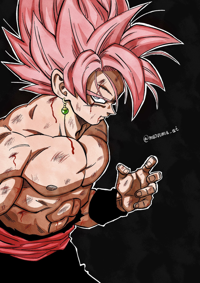 1boy, black_background, black_pants, blood, blood_on_face, cowboy_shot, dragon_ball, dragon_ball_super, earrings, goku_black, grey_hair, highres, jewelry, looking_at_viewer, male_focus, medium_hair, muscular, muscular_male, naouuma_art, pants, pink_hair, potara_earrings, red_sash, sash, simple_background, solo, spiky_hair, super_saiyan, super_saiyan_rose, topless_male, twitter_username