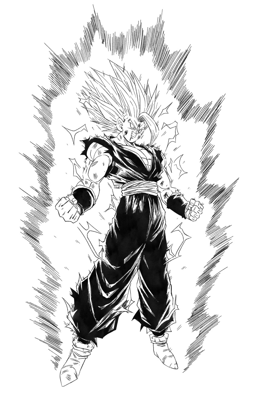 1boy, absurdres, aura, battle_damage, clenched_hands, clenched_teeth, dougi, dragon_ball