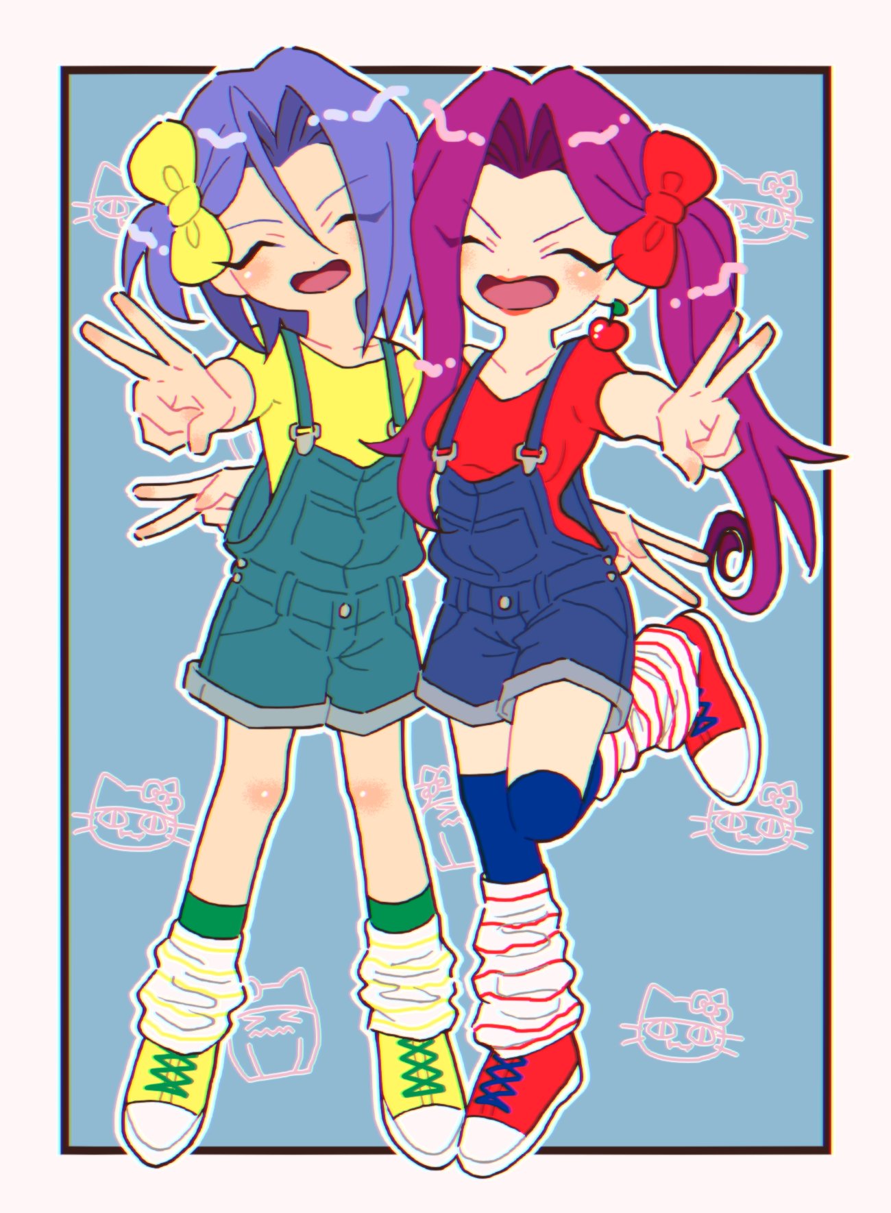 androgynous, blue_background, chibi, closed_eyes, crossdressing, crossdressing_(mtf), hair_ribbon, happy