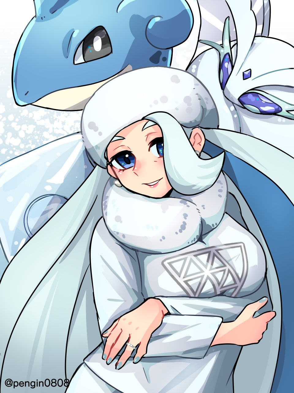 1girl, arms_under_breasts, artist_name, blue_eyes, breasts, bug, earrings, frosmoth
