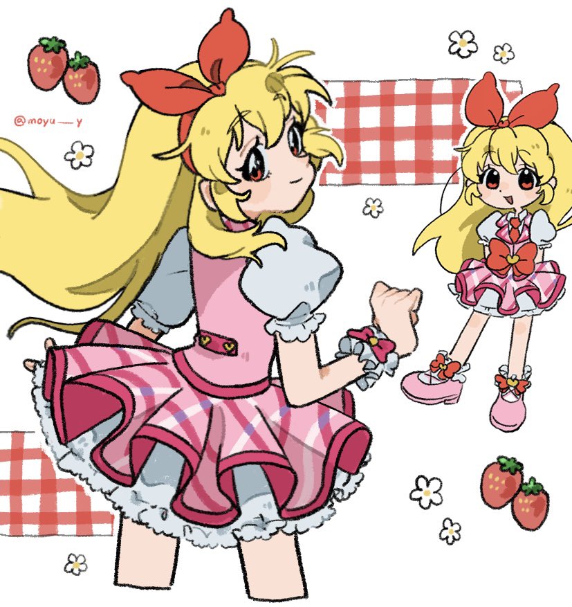 1girl, :d, aikatsu!, aikatsu!_(series), blonde_hair, bow, commentary, cropped_legs, food, fruit, hair_bow, hairband, hashtag-only_commentary, hoshimiya_ichigo, idol, idol_clothes, long_hair, looking_at_viewer, looking_back, moyu_y, multiple_views, pink_shoes, pink_skirt, pink_vest, puffy_short_sleeves, puffy_sleeves, red_eyes, red_hairband, shoes, short_sleeves, skirt, smile, standing, strawberry, vest, wrist_cuffs