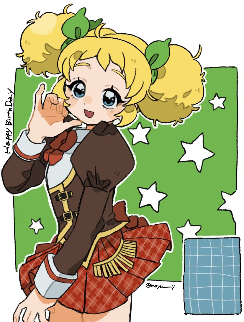 1girl, :d, afro_puffs, aikatsu!, aikatsu!_(series), blonde_hair, blue_eyes, bow