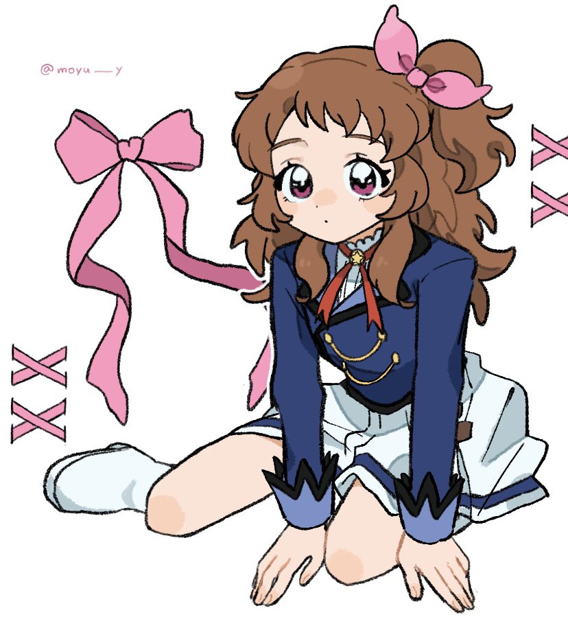 1girl, aikatsu!, aikatsu!_(series), arm_support, blue_jacket, boots, bow, brown_hair