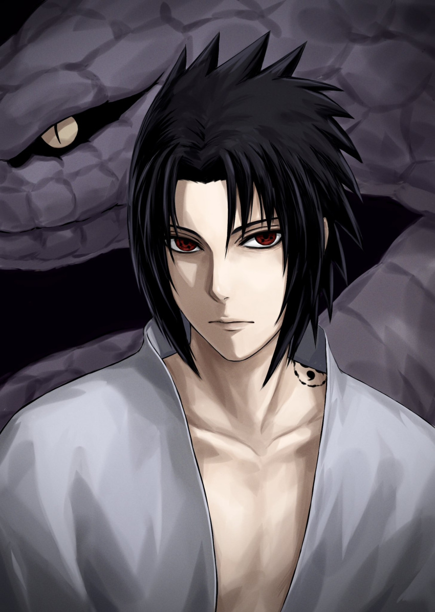 1boy, black_hair, collarbone, empty_eyes, expressionless, frown, highres, male_focus, mikanyuku, naruto_(series), naruto_shippuuden, red_eyes, sharingan, shoulder_tattoo, snake, solo, tattoo, uchiha_sasuke