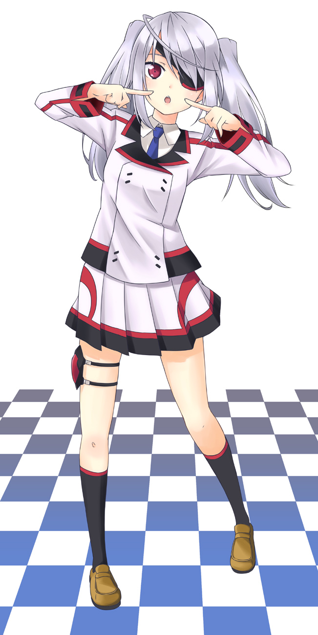 checkered, checkered_floor, eyepatch, highres, infinite_stratos, kneehighs, laura_bodewig, long_hair, open_mouth, silver_hair, skirt, solo, standing, tsumutsumu, twintails, uniform