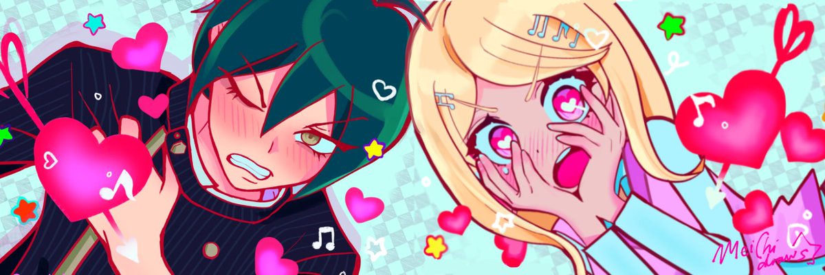 1980s_(style), 1boy, 1girl, akamatsu_kaede, angry, blonde_hair, blue_background, blue_hair, danganronpa_(series), danganronpa_v3:_killing_harmony, green_eyes, hair_ornament, hands_on_own_chest, hands_on_own_face, heart, heart-shaped_pupils, hetero, mei_(meichidraws), musical_note, musical_note_hair_ornament, pink_eyes, pink_sweater_vest, retro_artstyle, saihara_shuichi, scissors, star_(sky), sweater_vest, symbol-shaped_pupils, twitter_banner