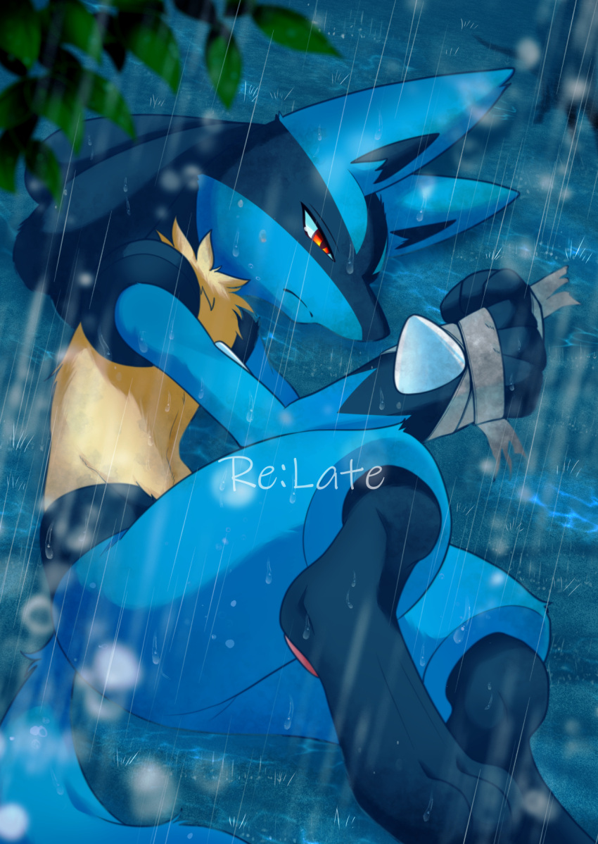 1boy, animal_ears, animal_feet, animal_hands, bandaged_hand, bandages, black_fur, blue_fur