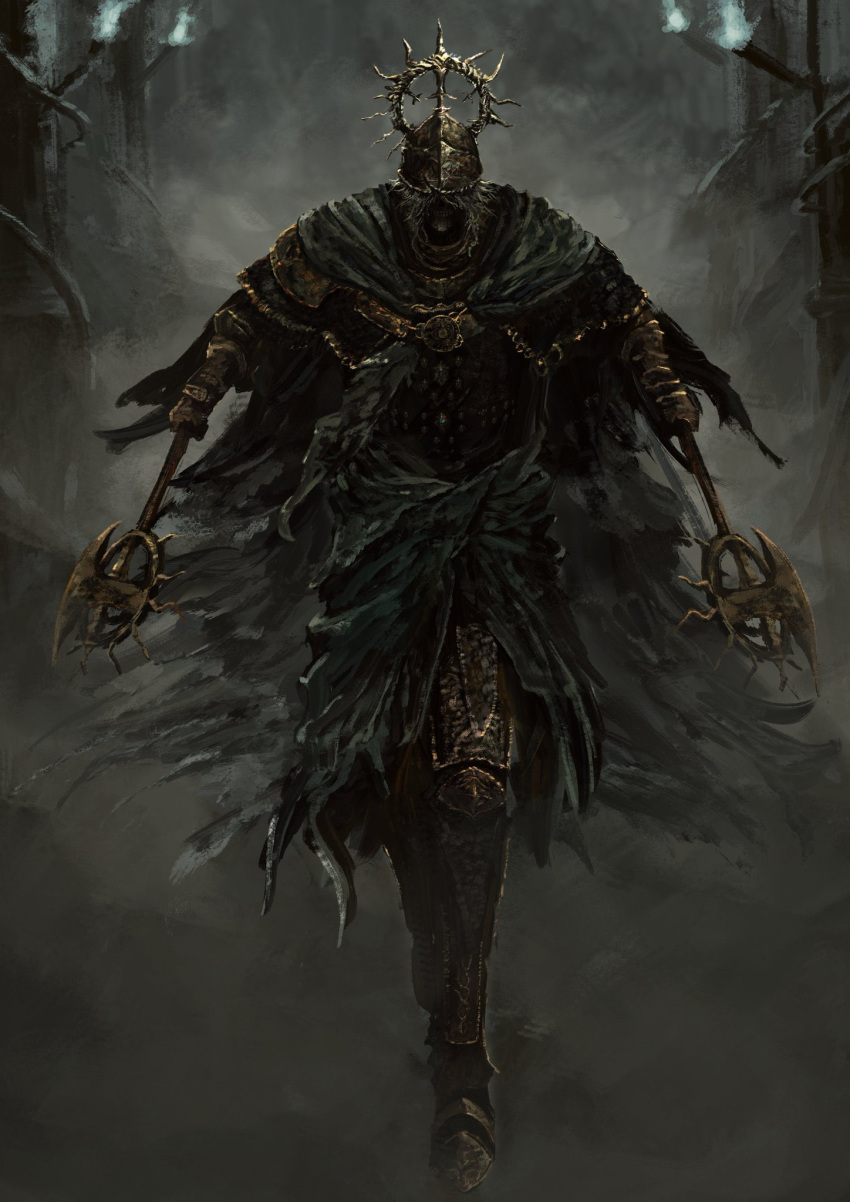 1other, armor, axe, battle_axe, boss_fight, covered_eyes, death_knight_(elden_ring), dual_wielding