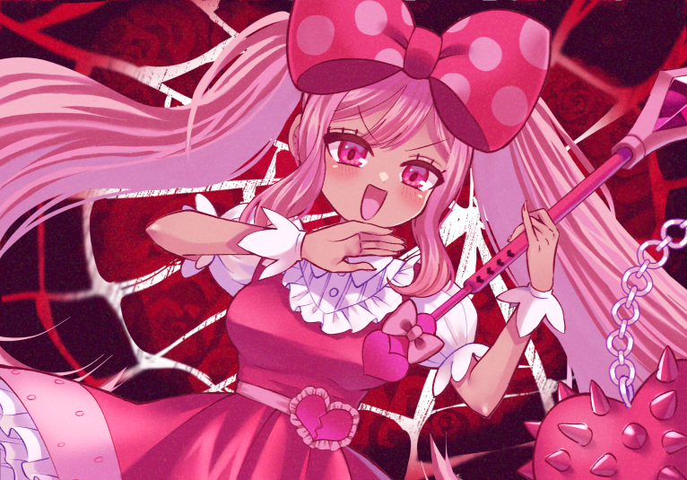 1girl, blush, bow, breasts, commentary_request, dark-skinned_female, dark_skin, double-parted_bangs
