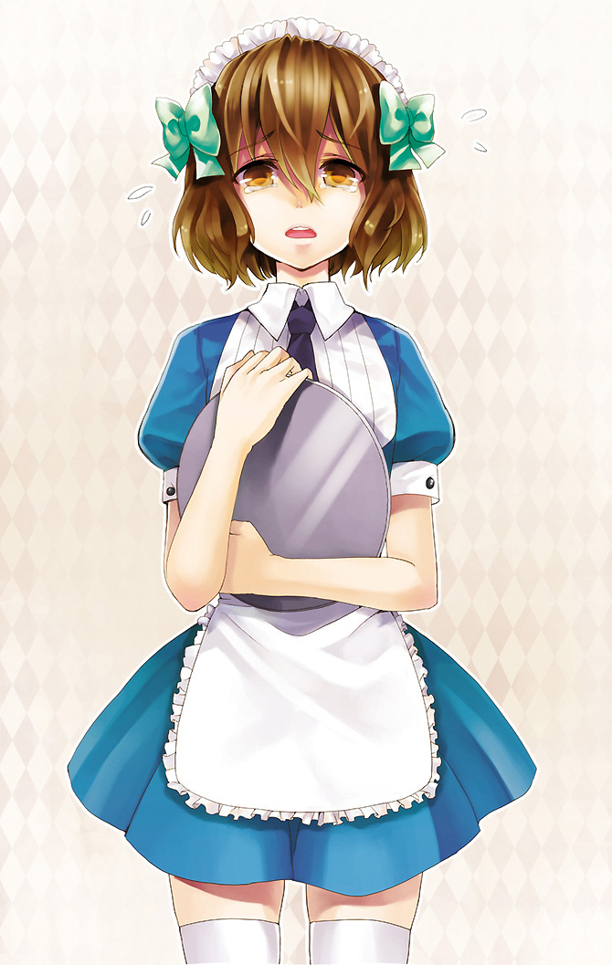 brown_eyes, brown_hair, crossdressinging, inazuma_eleven, inazuma_eleven_(series), inazuma_eleven_go, male, necktie, open_mouth, ruru_(lamourouge), shindou_takuto, short_hair, solo, tears, thigh-highs, thighhighs, trap, tray, waitress