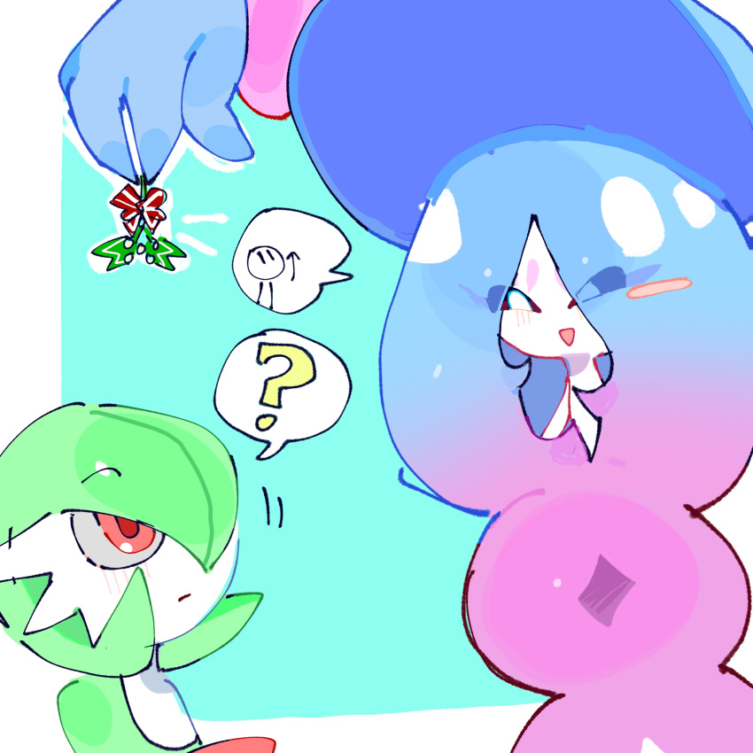 2girls, ?, arrow_(symbol), beta_(pixiv_109013543), black_sclera, blue_background, blue_hair, blue_hat, blush, bob_cut, border, bow, colored_sclera, colored_skin, flat_chest, gardevoir, gradient_hair, green_hair, green_skin, hair_over_one_eye, happy, hat, hatterene, highres, holding, holding_mistletoe, interspecies, light_blush, long_hair, looking_at_another, looking_up, mistletoe, motion_lines, multicolored_hair, multicolored_skin, multiple_girls, one_eye_covered, open_mouth, outside_border, pink_hair, pokemon, pokemon_(creature), prehensile_hair, red_bow, red_eyes, short_hair, sidelocks, simple_background, smile, speech_bubble, spoken_question_mark, standing, two-tone_hair, two-tone_skin, upper_body, very_long_hair, white_border, white_eyes, white_skin, witch_hat, yuri