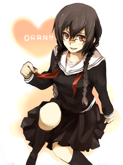 braid, breasts, brown_hair, durarara!!, glasses, hinasun, orihara_mairu, pleated_skirt, red_eyes, scarf, school_uniform, skirt, solo, twin_braids
