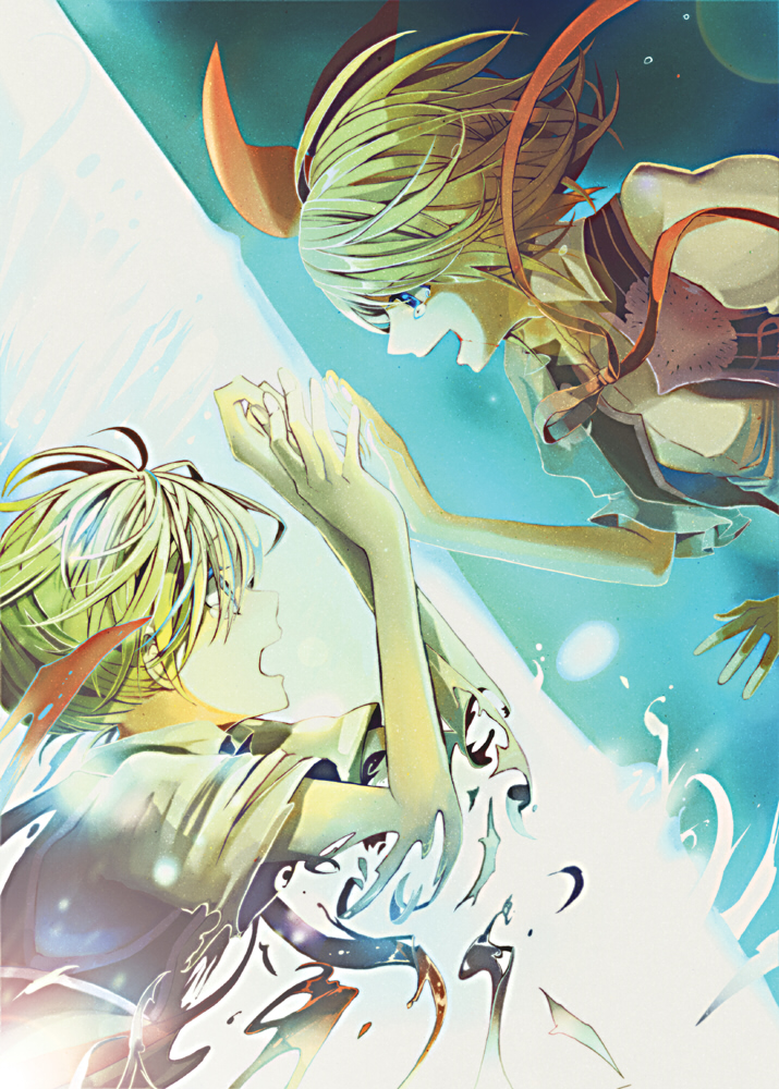 blonde_hair, dissolving, hair_ribbon, kagamine_len, kagamine_rin, open_mouth, ribbon, semaru