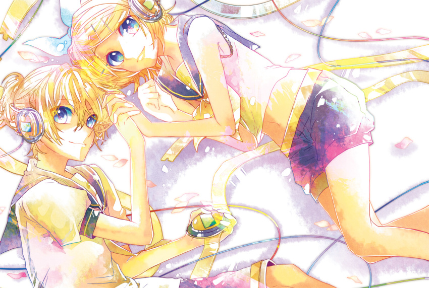 blue_eyes, brother_and_sister, from_above, hair_ornament, hair_ribbon, hairclip, headphones, kagamine_len
