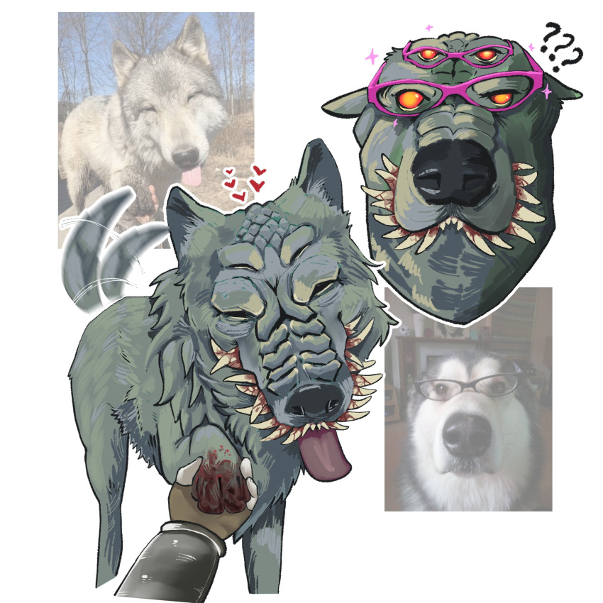 1girl, ?, ??, animal_focus, blood, brokenramen, closed_eyes, colored_sclera, disembodied_hand, dog, extra_eyes, extra_teeth, fear_&amp;_hunger_(series), fear_&amp;_hunger_1, fingerless_gloves, gloves, heart, highres, husky, moonless_(fear_&amp;_hunger), orange_sclera, photo_inset, purple-framed_eyewear, reference_inset, sharp_teeth, sparkle, teeth, tongue, tongue_out, wolf