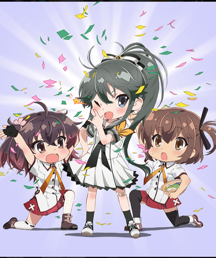 3girls, :o, ;d, \||/, ahoge, arm_up, armband, arms_up, asakura_mihono, ayanokouji_martial_arts_school_uniform, bandaid, bandaid_on_knee, bandaid_on_leg, basket, black_bow, black_gloves, black_hair, black_socks, black_thighhighs, blush, boots, bow, brown_boots, brown_eyes, brown_hair, buttons, confetti, deformed, dot_nose, etou_kanami, fingerless_gloves, game_cg, gloves, gradient_hair, grey_eyes, grey_sailor_collar, hair_bow, hand_on_own_hip, hand_up, high_ponytail, holding, holding_basket, long_hair, medium_hair, minoseki_academy_school_uniform, multicolored_hair, multiple_girls, official_art, on_one_knee, one_eye_closed, one_side_up, open_mouth, pinstripe_thighhighs, ponytail, posing, purple_background, red_hair, red_pupils, red_skirt, sailor_collar, school_uniform, serafuku, shirt, shoes, short_hair, short_sleeves, skirt, small_sweatdrop, smile, socks, striped_bow, striped_clothes, striped_thighhighs, summer_uniform, sunburst, sunburst_background, thigh-highs, third-party_source, toji_no_miko, toji_no_miko:_kizamishi_issen_no_tomoshibi, twintails, vertical-striped_clothes, vertical-striped_thighhighs, white_serafuku, white_shirt, white_shoes, white_skirt, white_thighhighs, wicker_basket, yamashiro_yui, yellow_armband