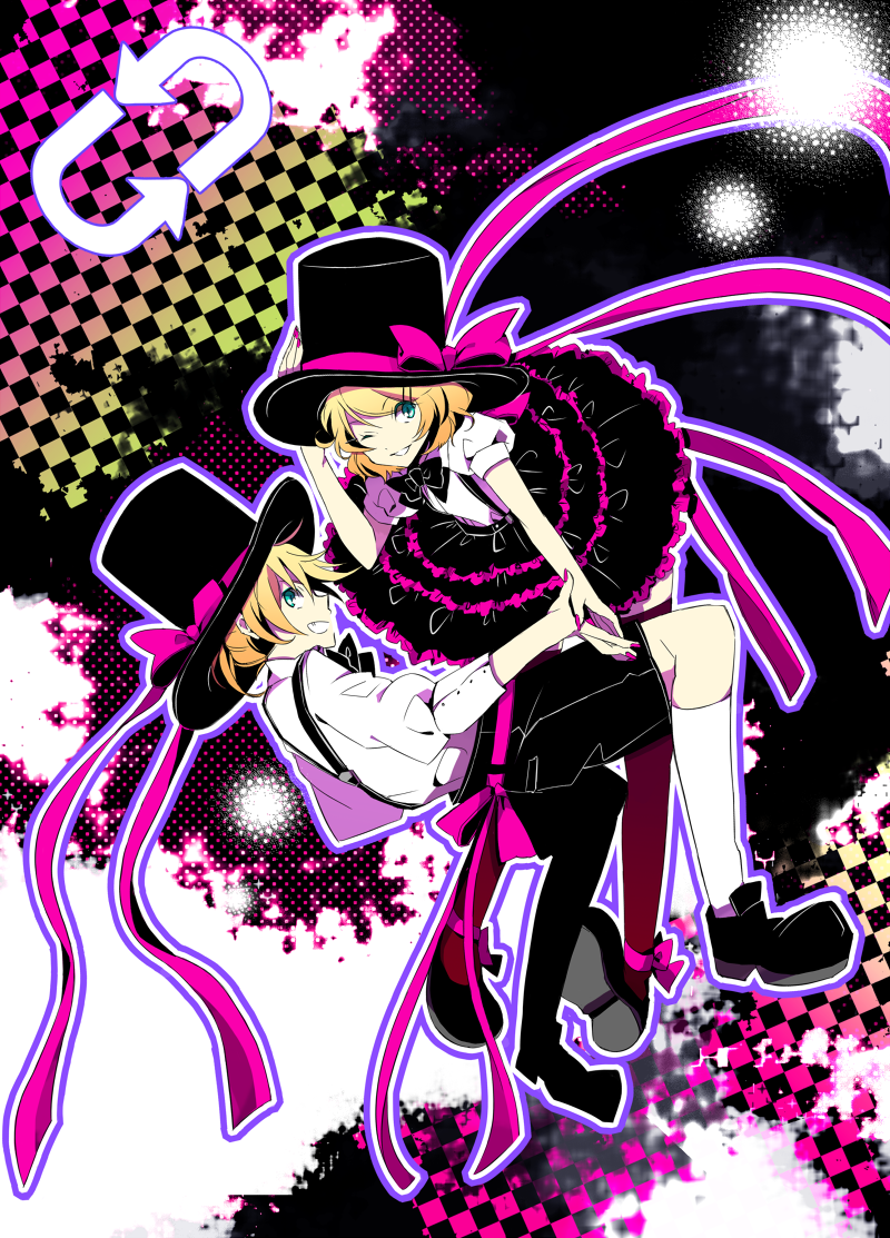 blonde_hair, bonus_stage_(vocaloid), bow, brother_and_sister, footwear, hair_ornament, hairclip, hat