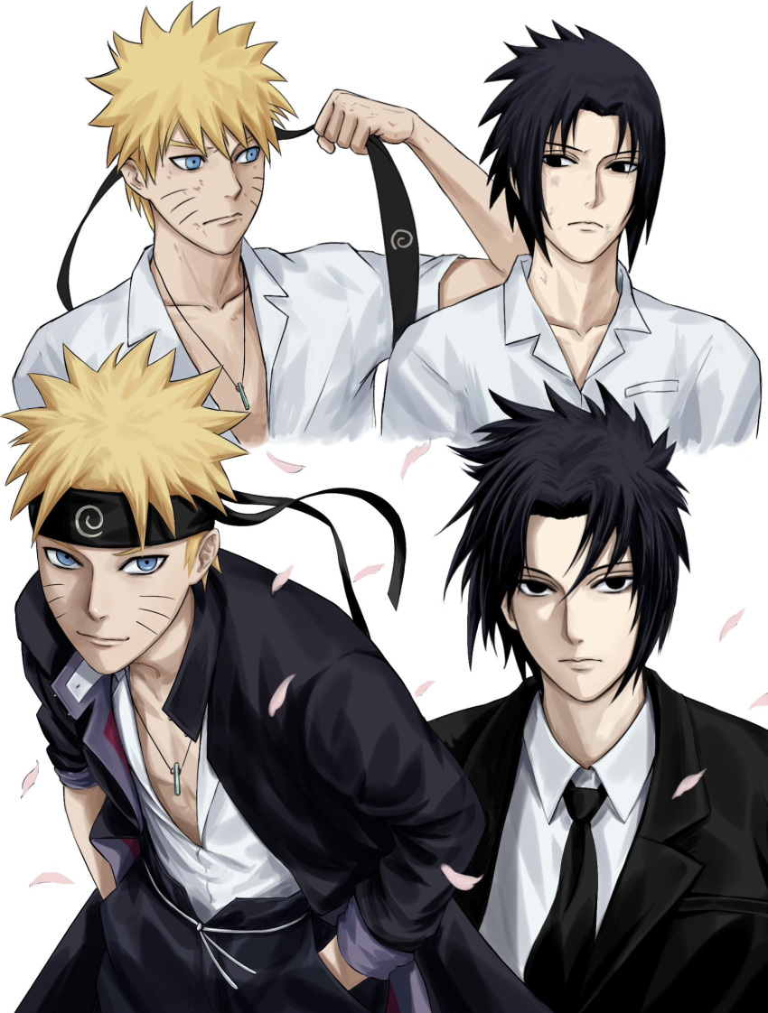 2boys, adapted_costume, black_coat, black_headband, black_jacket, black_necktie, black_suit, boruto:_two_blue_vortex