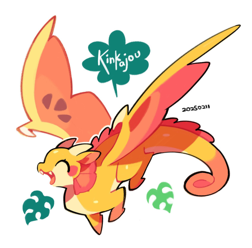 ^_^, animal_focus, blush_stickers, character_name, chibi, chibi_only, closed_eyes, commentary, dragon, fangs, full_body, hashtag-only_commentary, highres, horns, kinkajou_(wings_of_fire), leaf, no_humans, open_mouth, rainwing_(wings_of_fire), rehtaef, simple_background, smile, solo, western_dragon, white_background, wings, wings_of_fire
