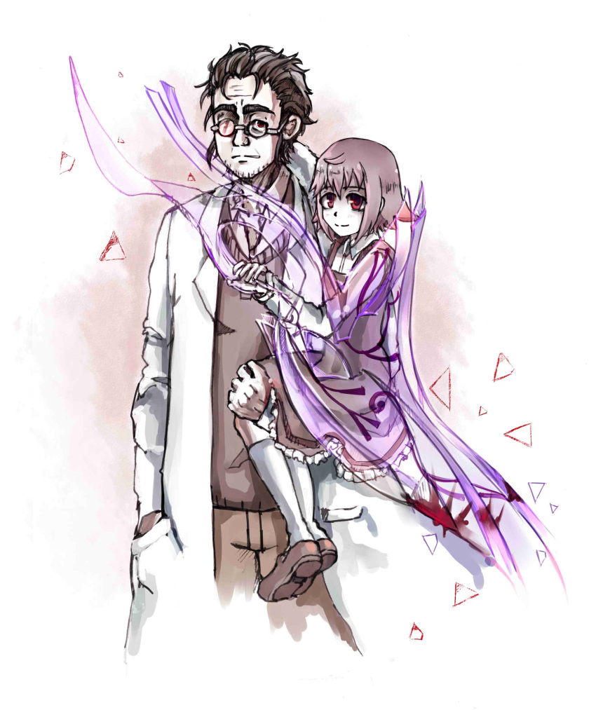 aged_down, beard_stubble, bespectacled, black_dress, blood, blood_on_weapon, brown_pants, carrying