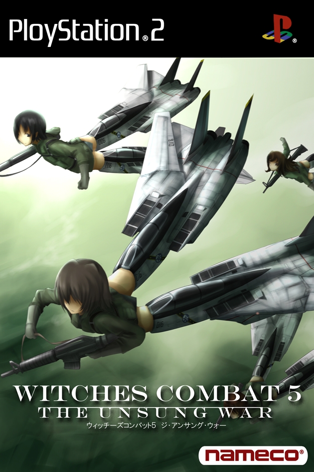3girls, ace_combat, ace_combat_5, airplane, brand_name_imitation, cover, crossover, f-14, fake_cover, game_cover, gun, jet, multiple_girls, no_eyes, no_nose, short_hair, strike_witches, striker_unit, weapon, zamudo_akiyuki