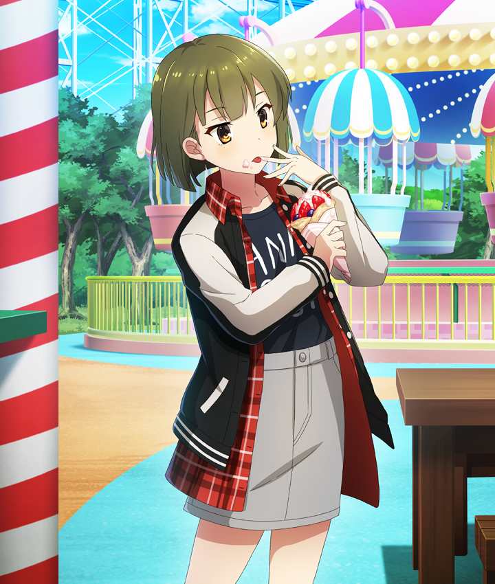 1girl, amusement_park, ban_tsugumi, bench, black_jacket, blue_shirt, blue_sky, blunt_ends