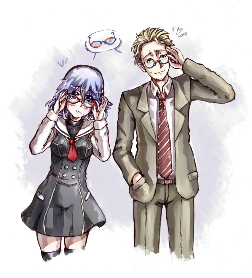 1boy, 1girl, adjusting_eyewear, beard_stubble, belt, black_thighhighs, blonde_hair, blue_hair