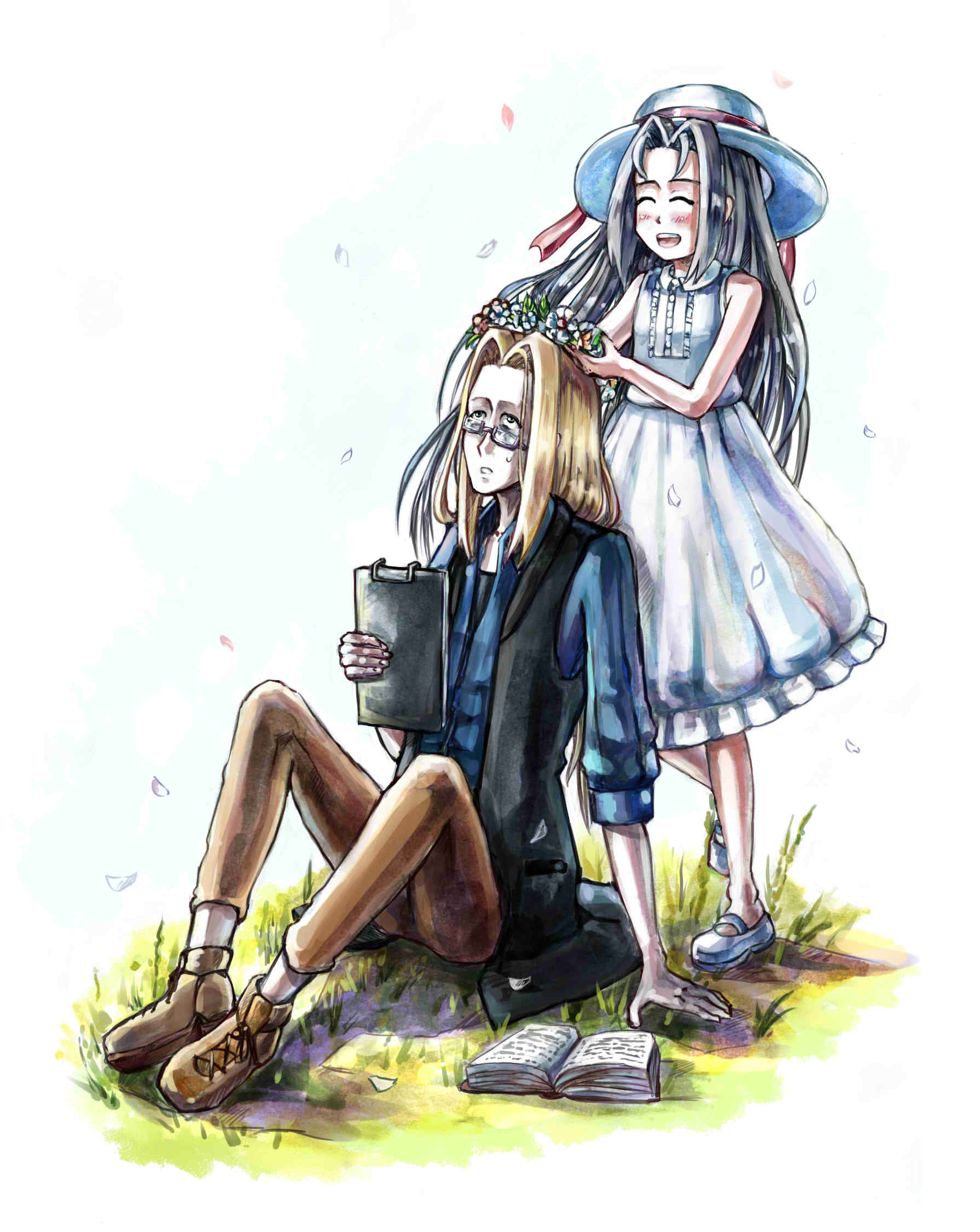 1boy, 1girl, black_vest, blue_shirt, blue_slippers, blue_trim, blush, book