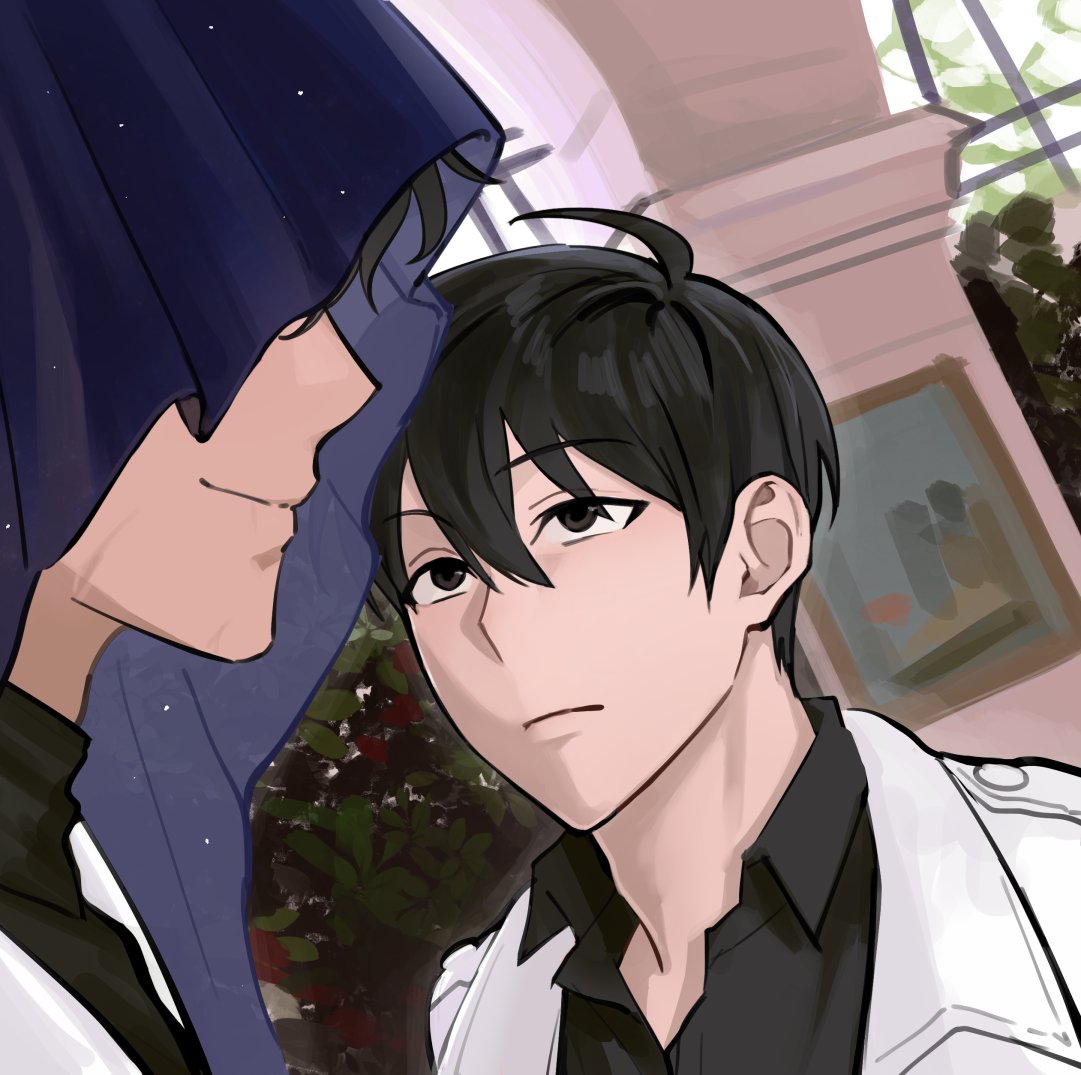 2boys, ahoge, black_eyes, black_hair, black_shirt, coat, collared_shirt, kim_dokja
