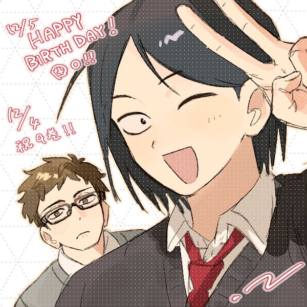 2boys, :d, black-framed_eyewear, black_eyes, black_hair, black_sweater, brown_eyes, brown_hair