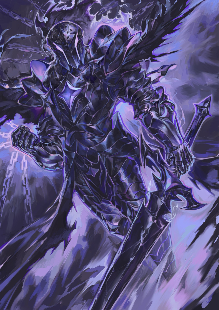 1boy, armor, black_armor, chain, commentary, cookie_run, english_commentary, gauntlets, highres, holding, holding_sword, holding_weapon, knight, male_focus, nameno92372763, shoulder_armor, silent_salt_cookie, solo, sword, visor_(armor), weapon