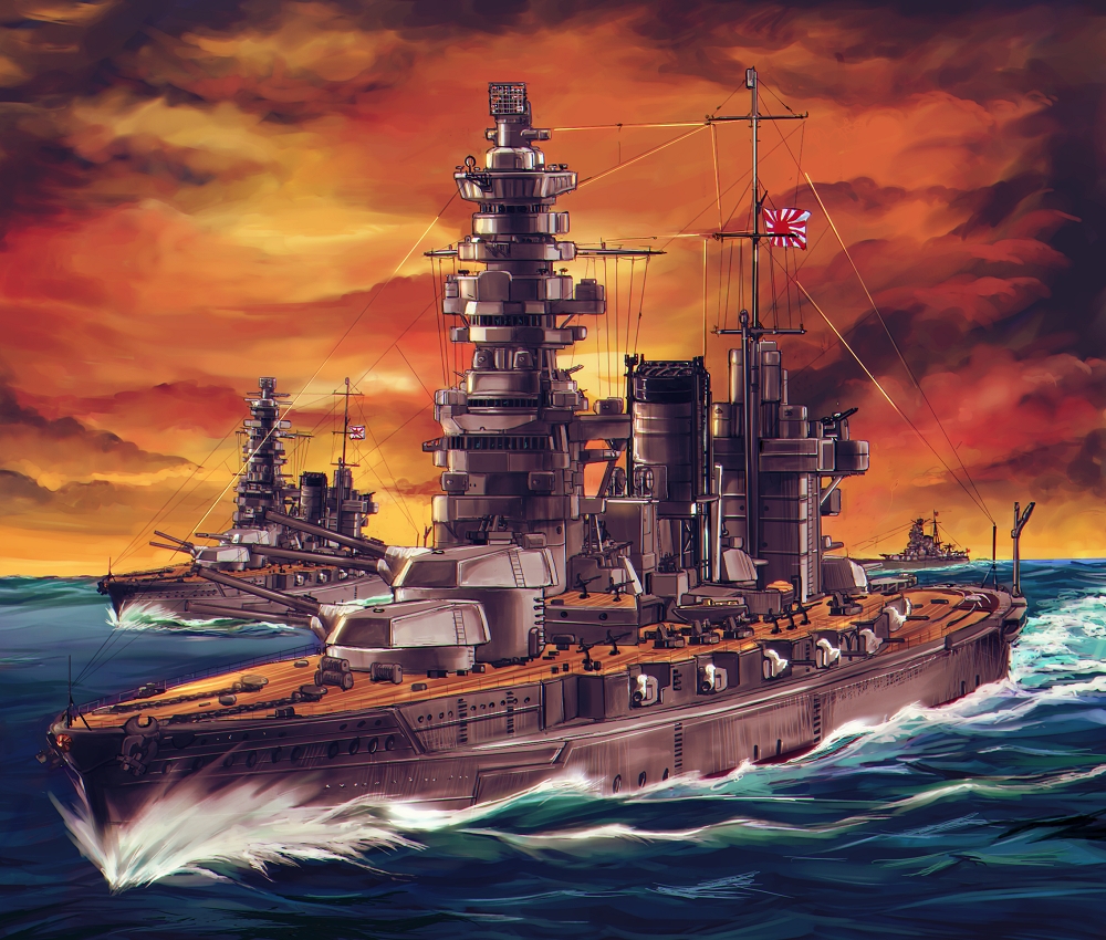 cloud, clouds, cruiser, flag, funnel, fusou_(battleship), gun, imperial_japanese_navy