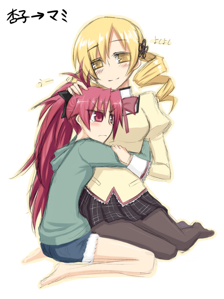 blonde_hair, bow, denim_shorts, drill_hair, hair_ornament, hug, kurakumo_nue, long_hair