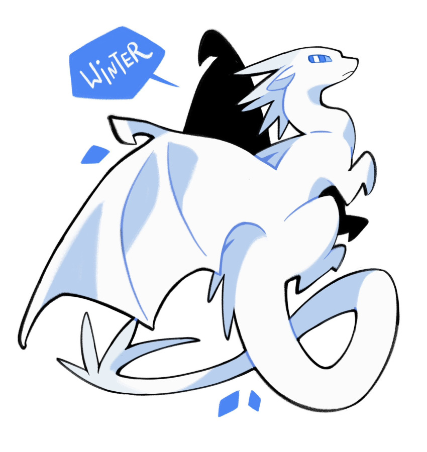animal_focus, blue_eyes, bright_pupils, character_name, chibi, chibi_only, commentary, dated, dragon, full_body, hashtag-only_commentary, highres, horns, icewing_(wings_of_fire), no_humans, rehtaef, simple_background, solo, western_dragon, white_background, white_pupils, wings, wings_of_fire, winter_(wings_of_fire)