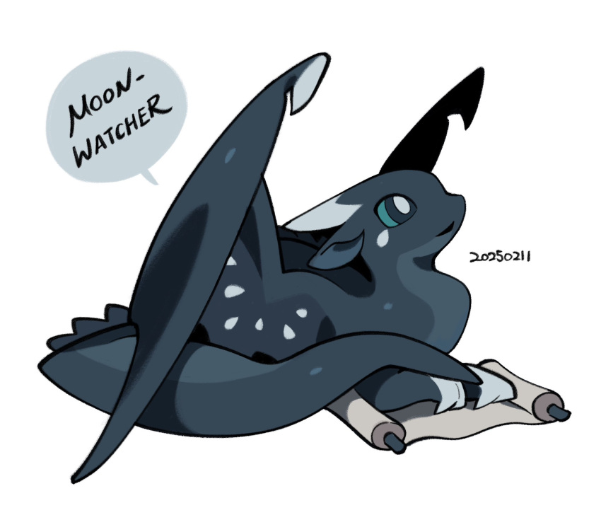 animal_focus, bright_pupils, character_name, chibi, chibi_only, commentary, dated, dragon, full_body, green_eyes, hashtag-only_commentary, highres, horns, moonwatcher, nightwing_(wings_of_fire), no_humans, rehtaef, scroll, simple_background, single_horn, sitting, solo, western_dragon, white_background, white_pupils, wings, wings_of_fire