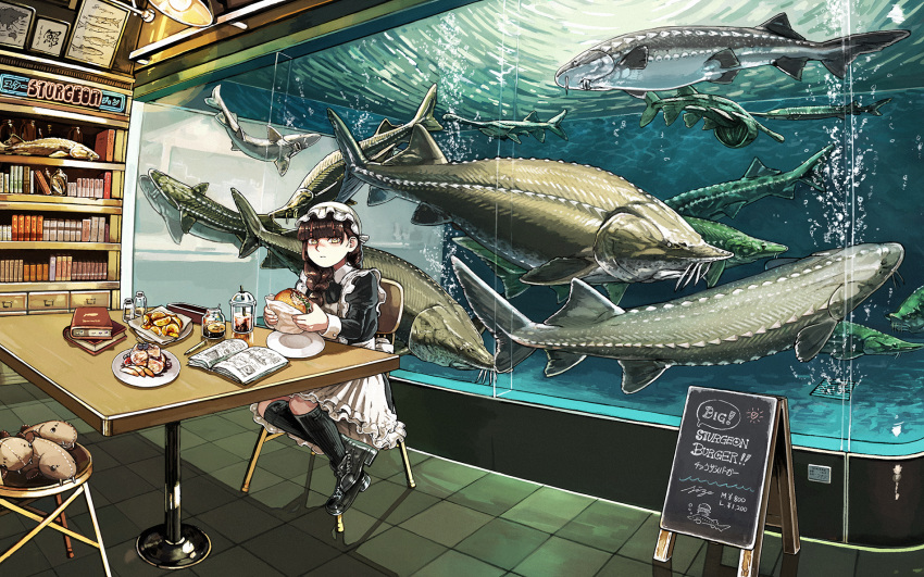 1girl, apron, aquarium, black_boots, black_dress, black_socks, blunt_bangs, bookshelf
