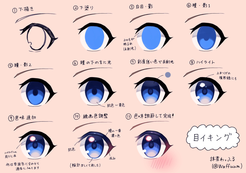 blue_eyes, blush, commentary_request, empty_eyes, eye_focus, gradient_eyelashes, highres, how_to, multicolored_eyes, original, tagme, translation_request, twitter_username, waffuum