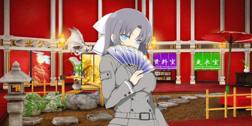 1girl, architecture, bamboo_fence, belt, belt_buckle, blue_eyes, blue_flower, blush
