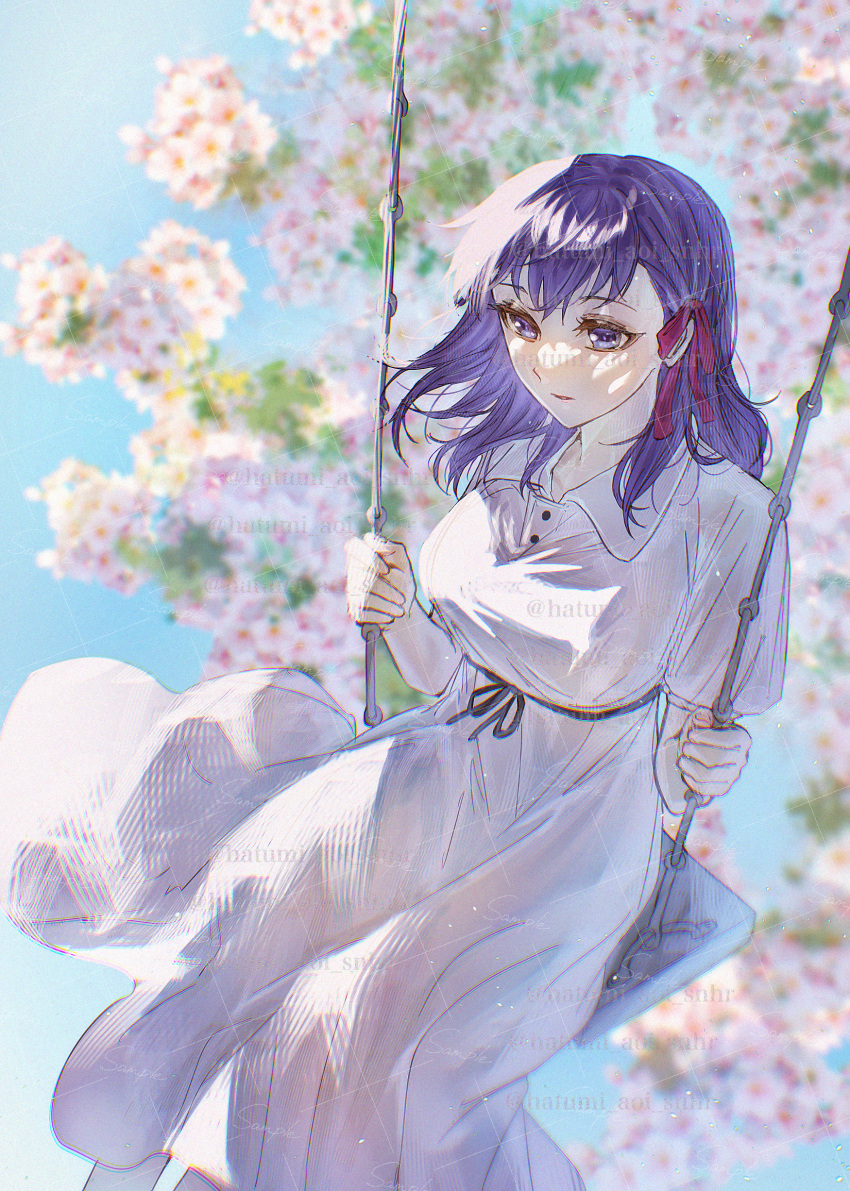 absurdres, breasts, cherry_blossoms, commentary, dress, expressionless, fate/stay_night, fate_(series)