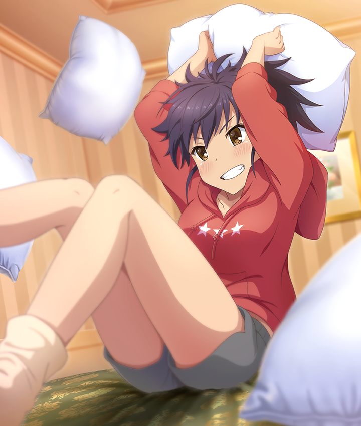 1girl, arms_up, bare_legs, bed, blush, breasts, brown_eyes, dot_nose, drawstring, etou_minato, fallen_down, game_cg, grey_shorts, grin, holding, holding_pillow, hood, hoodie, imminent_throw, indoors, knees_up, long_sleeves, loose_socks, medium_breasts, official_art, on_bed, picture_frame, pillow, pillow_fight, purple_hair, red_hoodie, shorts, smile, socks, solo, third-party_source, toji_no_miko, toji_no_miko:_kizamishi_issen_no_tomoshibi, wallpaper_(object), white_socks
