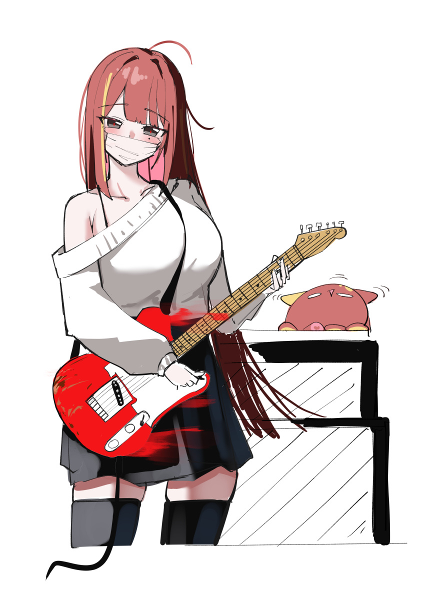 1girl, absurdres, ahoge, akane_lize, armpit_crease, black_skirt, black_thighhighs, bra_strap