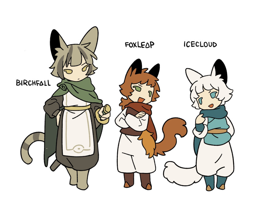 1girl, 2boys, age_difference, ahoge, androgynous, animal_ears, animification, birchfall, blue_cape, blue_eyes, blue_tunic, boots, brother_and_sister, brothers, brown_robe, brown_tunic, cape, cat_ears, cat_tail, character_name, chinese_commentary, commentary_request, crossed_arms, deformed, foxleap, full_body, green_cape, green_eyes, grey_hair, highres, holding, holding_sword, holding_weapon, icecloud, long_hair, low_ponytail, multiple_boys, orange_hair, pants, personification, ponytail, power_of_three, red_cape, rehtaef, robe, short_hair, siblings, simple_background, sword, tail, tunic, warrior_cats, weapon, white_background, white_hair