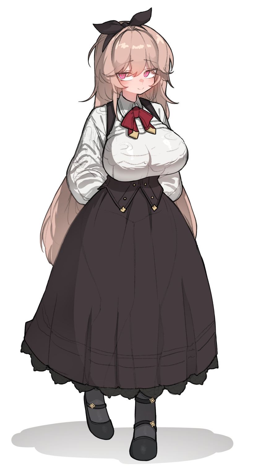 1girl, absurdres, arms_behind_back, black_pantyhose, black_shoes, blush, bow, breasts
