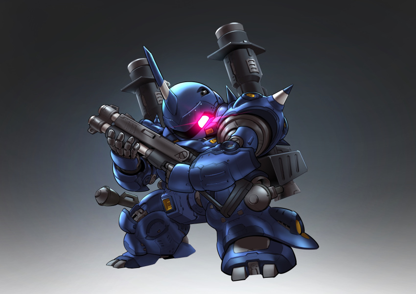 absurdres, bazooka_(gundam), chibi, chinese_commentary, commentary_request, finger_on_trigger, full_body, glowing, glowing_eye, gradient_background, grey_background, gun, gundam, gundam_0080, highres, holding, holding_gun, holding_weapon, horns, kampfer_(mobile_suit), looking_at_viewer, making-of_available, mecha, mecha_focus, mobile_suit, no_humans, one-eyed, robot, science_fiction, sd_gundam, shotgun, shoulder_spikes, single_horn, solo, spikes, standing, sturm_faust, violet_eyes, weapon, zakuma