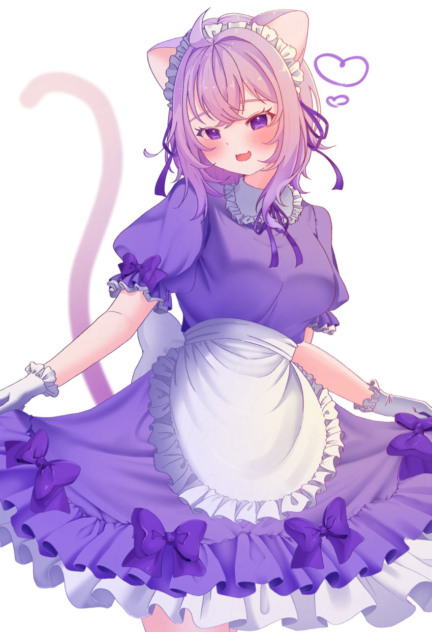 1girl, ahoge, animal_ears, apron, blush, bow, breasts, cat_ears